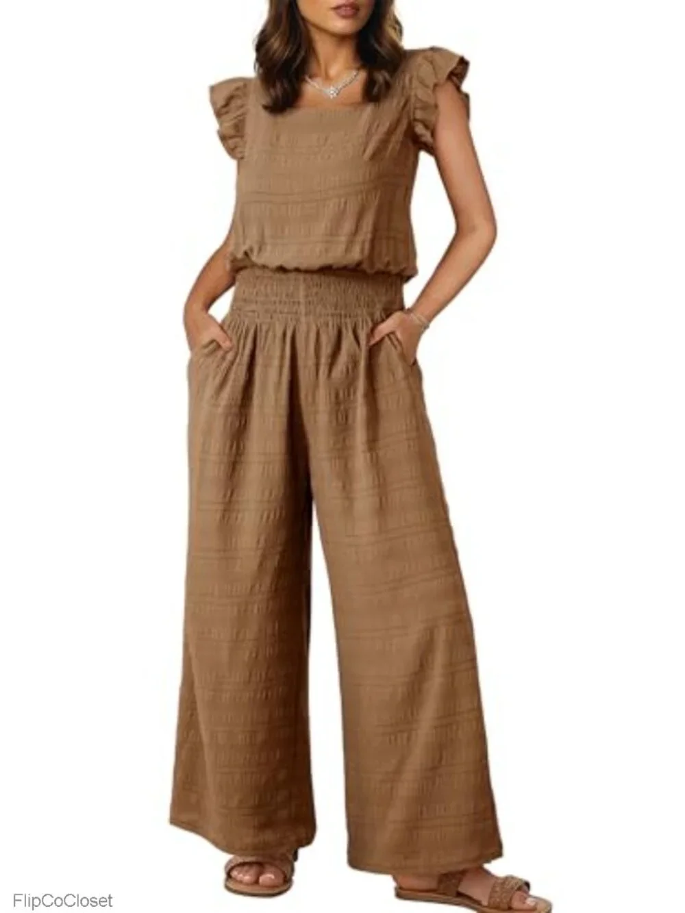Womens Casual Loose One Piece Jumpsuit Square Neck Wide Leg Smocked Waist Short